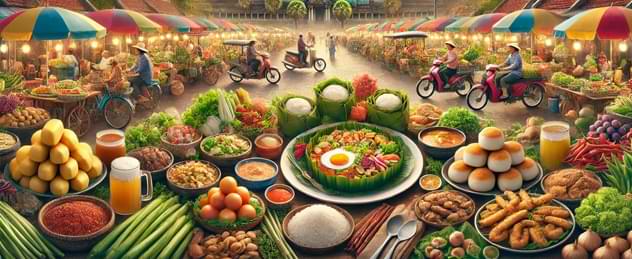 Traditional Lao dishes including laap, sticky rice, and street food