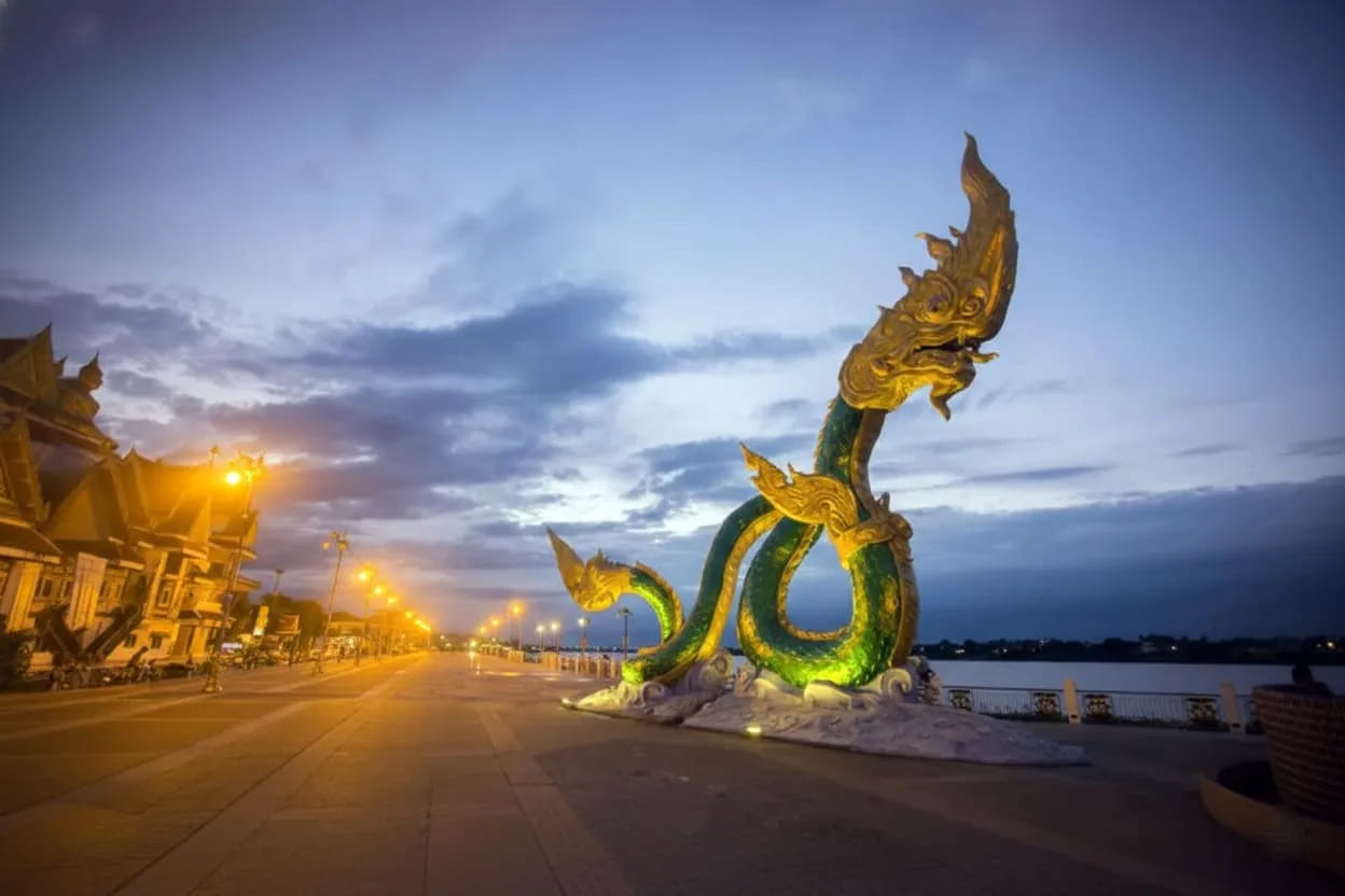 Mekong Riverside Park in Vientiane, Laos along the Mekong River at sunset