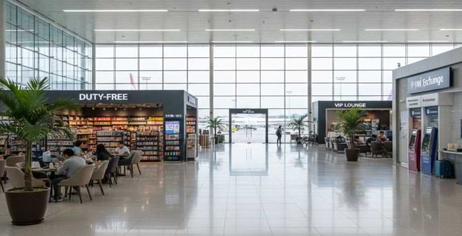 Modern Wattay International Airport terminal with lounges, check-in counters, and passenger services