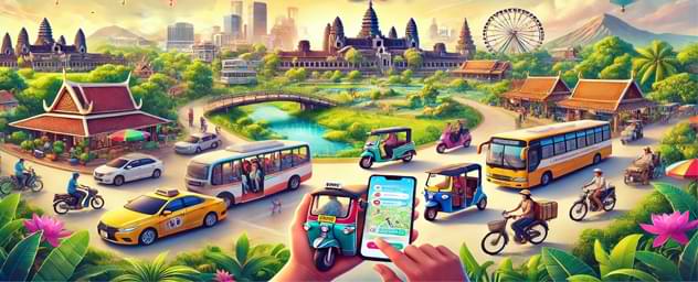 Tuk-tuk and buses waiting for passengers in Laos