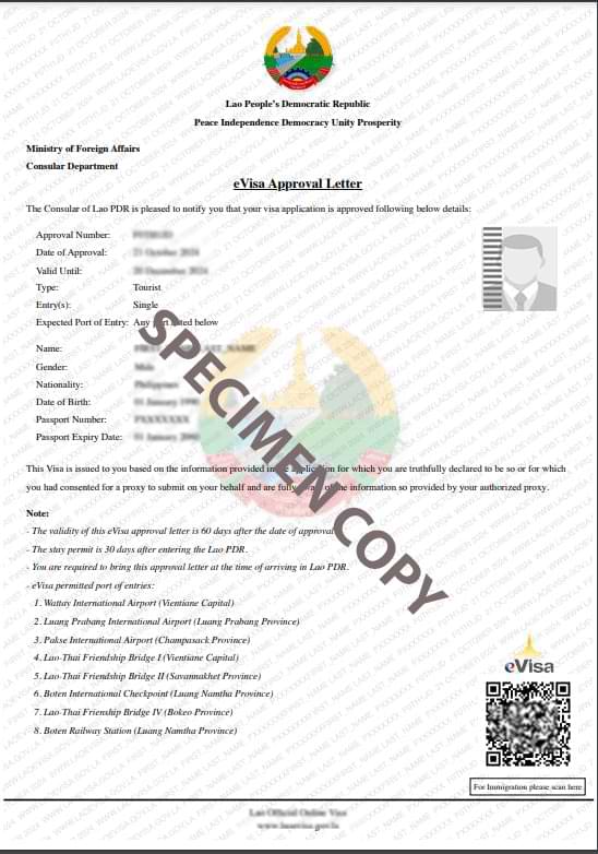 Laos Electronic Tourist Visa Sample Format